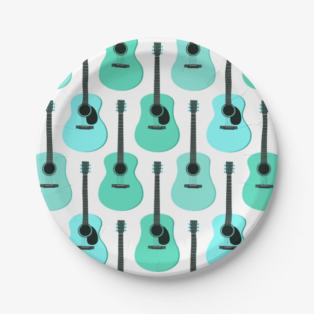 Blue Acoustic Guitars Pattern Paper Plates (Front)