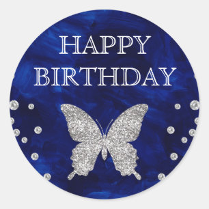 Blue Acrylic & Silver Glitter Butterfly Birthday Classic Round Sticker