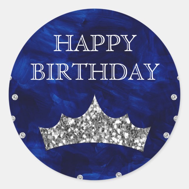 Blue Acrylic & Silver Glitter Crown Birthday Classic Round Sticker (Front)