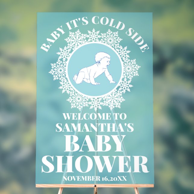 Blue Acrylic Snowflake Baby Shower Welcome Sign (Neutral)