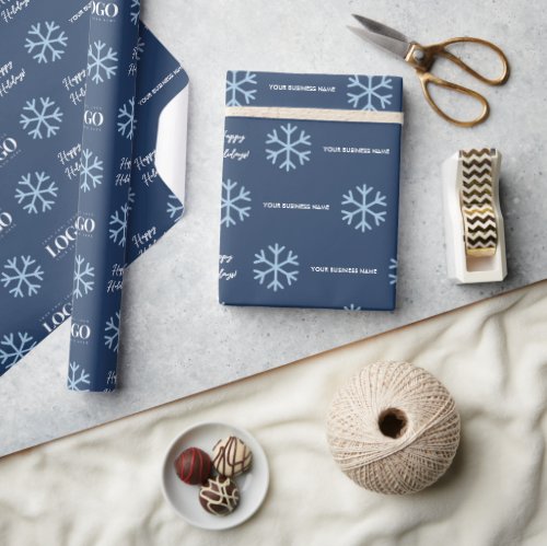 Blue Add Business Logo Snowflake Holidays Company Wrapping Paper