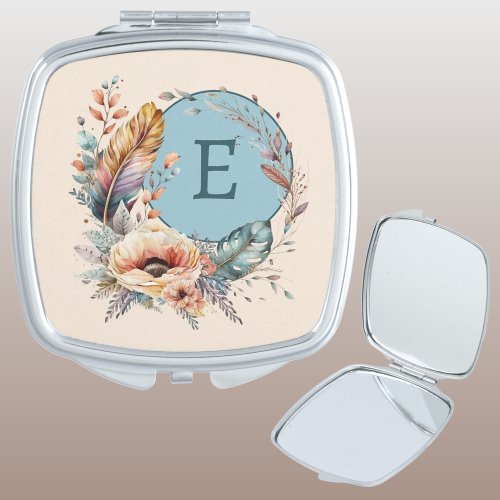Blue add initial floral compact mirror