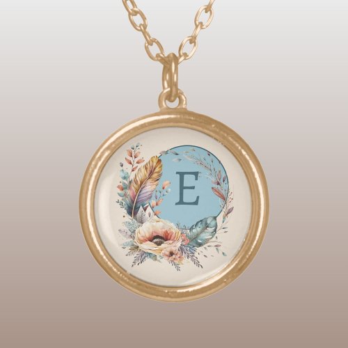Blue add initial floral gold plated necklace