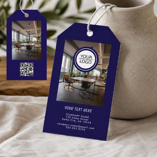Blue Add Logo Custom Text QR Code Company Photo Gift Tags