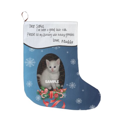 Blue ADD YOUR Cat Photo and Name Dear Santa Large Christmas Stocking