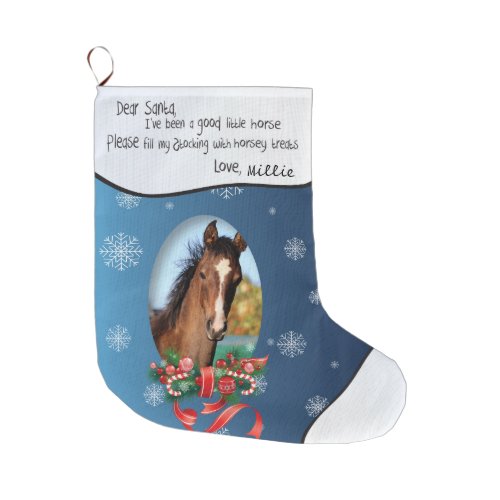 Blue ADD YOUR HORSE Photo and Name Dear Santa Large Christmas Stocking