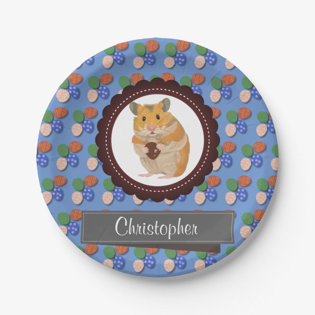 Blue Add Your Name Hamster Easter Paper Plates (Front)
