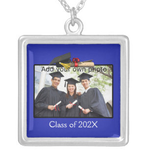 Blue Add your Photo / Year Graduation Silver Plated Necklace