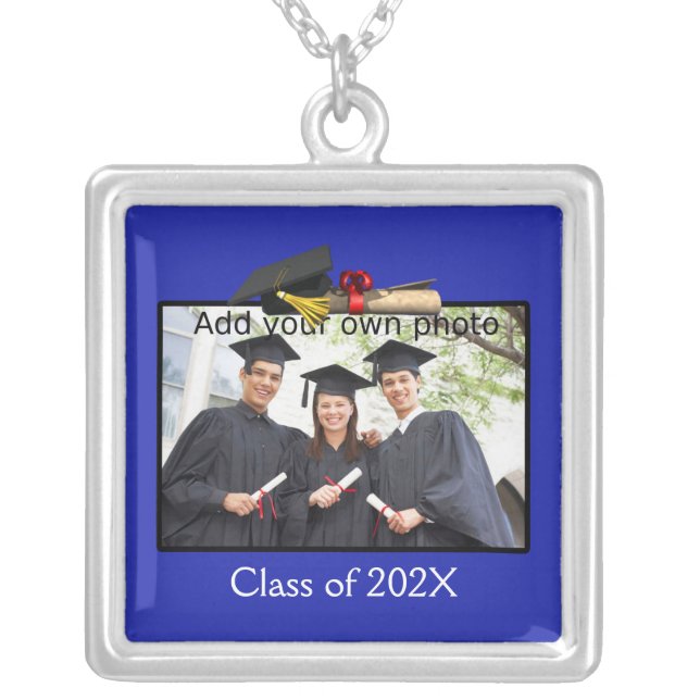 Blue Add your Photo / Year Graduation Silver Plated Necklace (Front)