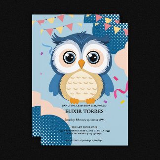 Blue Adorable Woodland Baby Owl Baby Shower Invitation