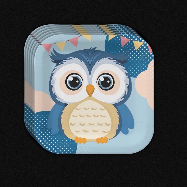 Blue Adorable Woodland Baby Owl Baby Shower Paper Plates (Creator Uploaded)