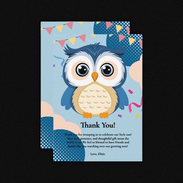 Blue Adorable Woodland Baby Owl Baby Shower Thank You Card (Creator Uploaded)
