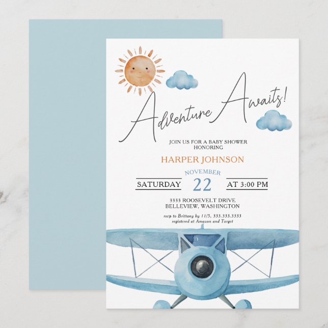 Blue Adventure Awaits Airplane Baby Shower Invitation (Front/Back)