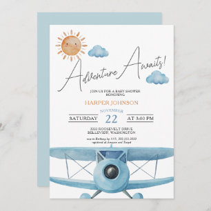 Blue Adventure Awaits Airplane Baby Shower Invitation