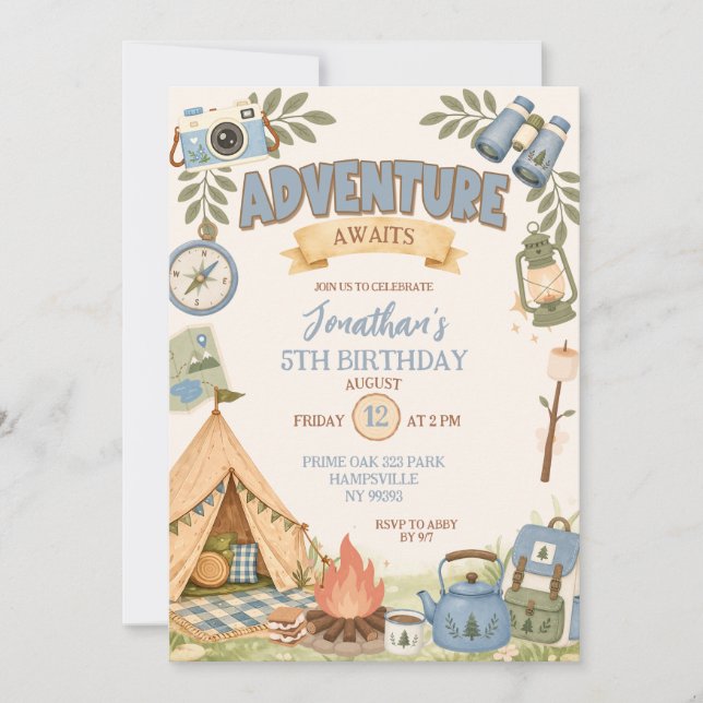 Blue Adventure Awaits Birthday Invitation (Front)