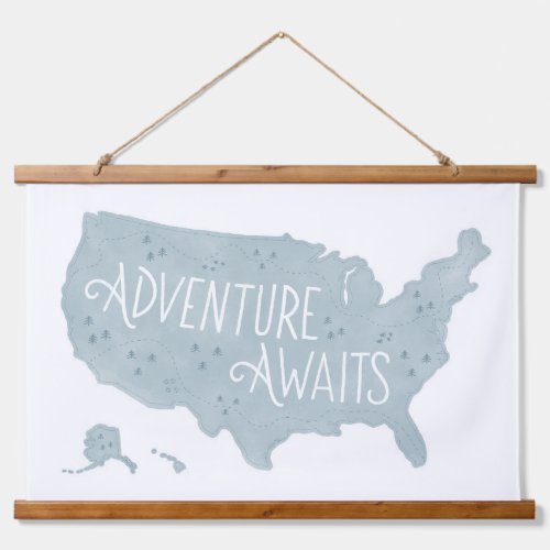 Blue Adventure Awaits US Map Kids Room Decor Hanging Tapestry