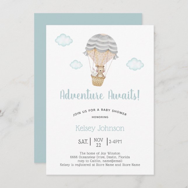 Blue Adventure Woodland Teddy Bear Baby Shower Invitation (Front/Back)