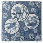 Blue Aesthetic Japanese Crane Fish Floral Repro Ceramic Tile<br><div class="desc">This tile is reproduced from a circa 1880 Minton transferware tile with a rose,  chrysanthemums,  a flying crane and two fish in classic blue and white.</div>