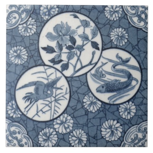 Blue Aesthetic Japanese Crane Fish Floral Repro Ceramic Tile