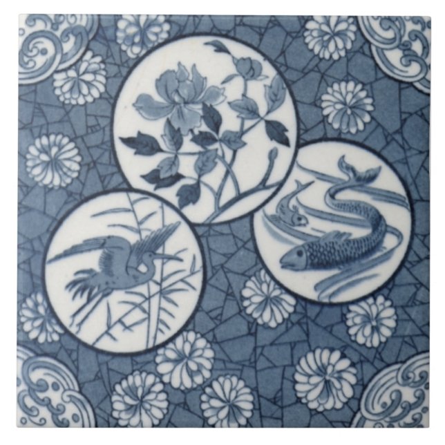 Blue Aesthetic Japanese Crane Fish Floral Repro Ceramic Tile (Front)