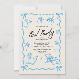 Blue Aesthetic Whimsical Pool Party  Invitation