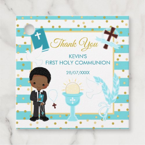 Blue African American Boy First Holy Communion Favor Tags