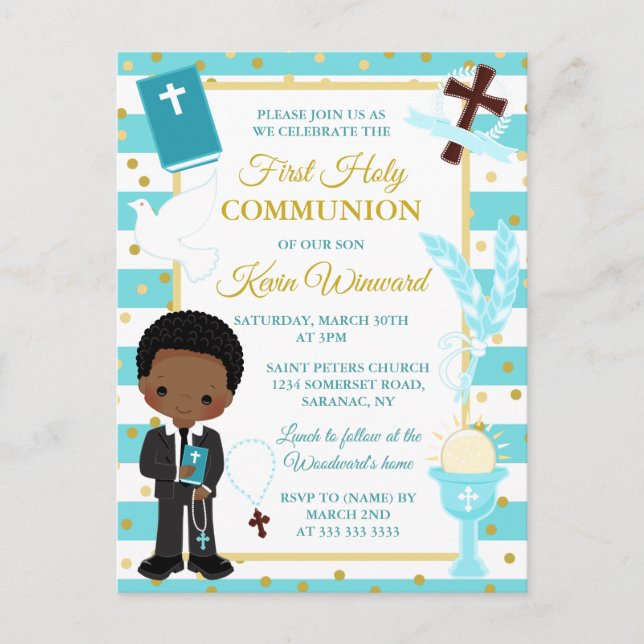 Blue African American Boy First Holy Communion Postcard (Front)