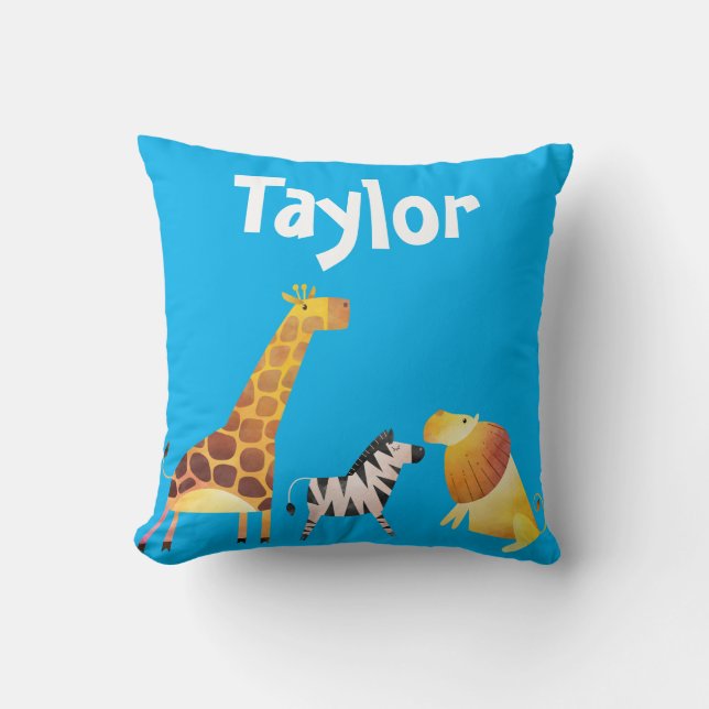 Blue African Animals Safari Throw Pillow (Front)