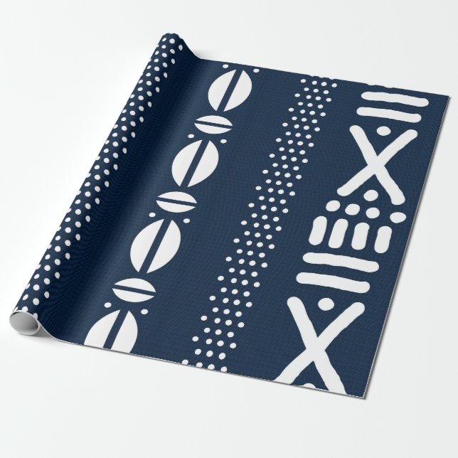 Blue African Bogolan Textile Inspired Wrapping Wrapping Paper (Unrolled)