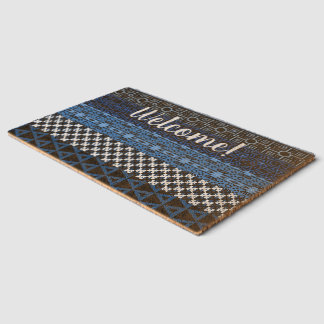 Blue African Pattern Mix Personalized Fiber Doormat