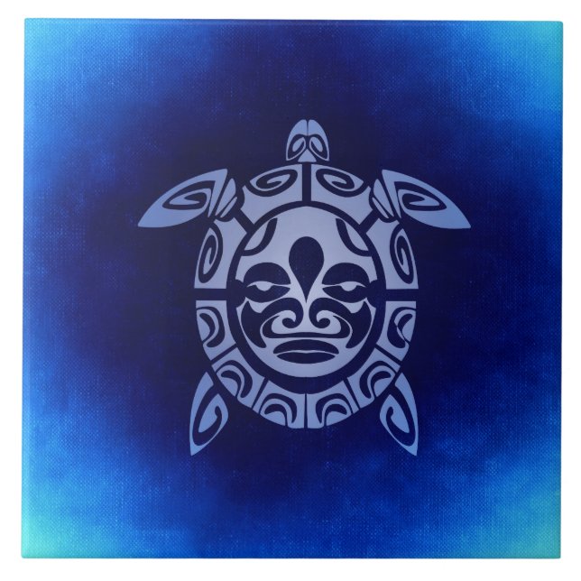 Blue African Tribal Mask Sea Turtle Ceramic Tile (Front)