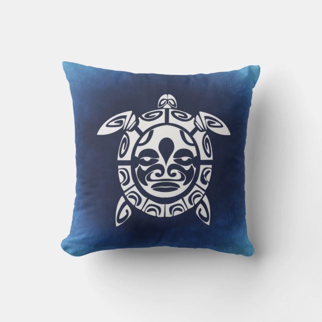 Blue African Tribal Mask Sea Turtle Throw Pillow (Front)