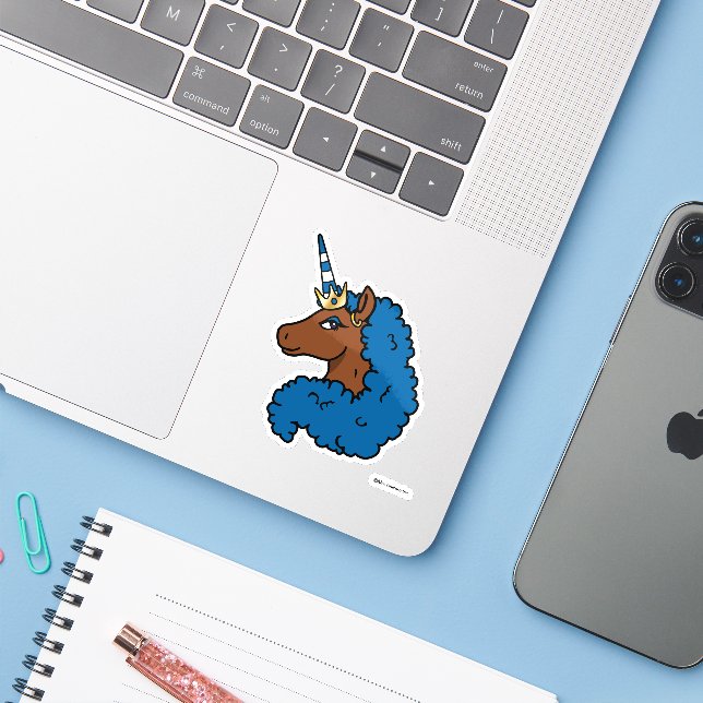 Blue Afro Unicorn Sticker (Laptop w/ iPhone)
