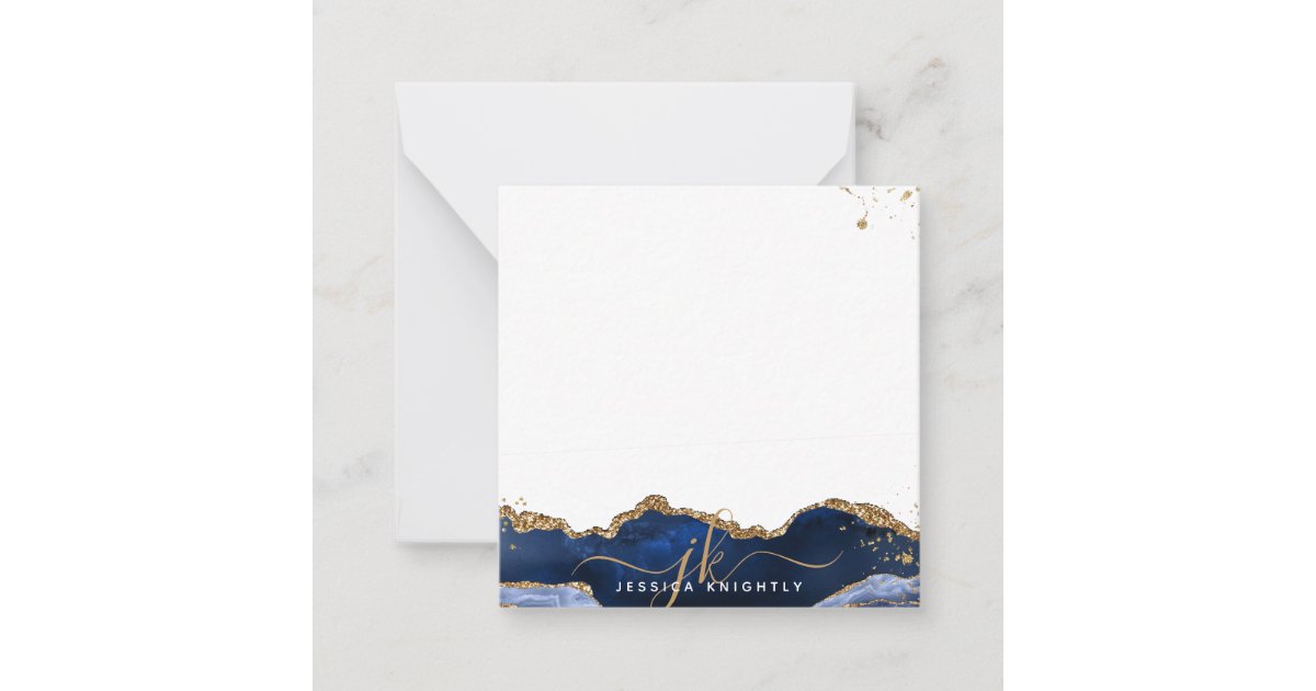 Blue Agate Elegant Script Monogram Gold Glitter Note Card | Zazzle