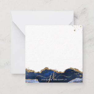 Blue Agate Elegant Script Monogram Gold Glitter Note Card
