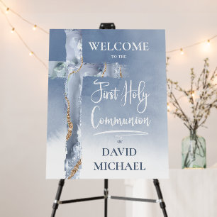 blue agate First Communion welcome sign