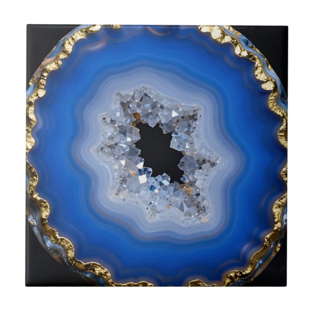 Blue Agate Geode Gold Edge Crystal Art Ceramic Tile (Front)