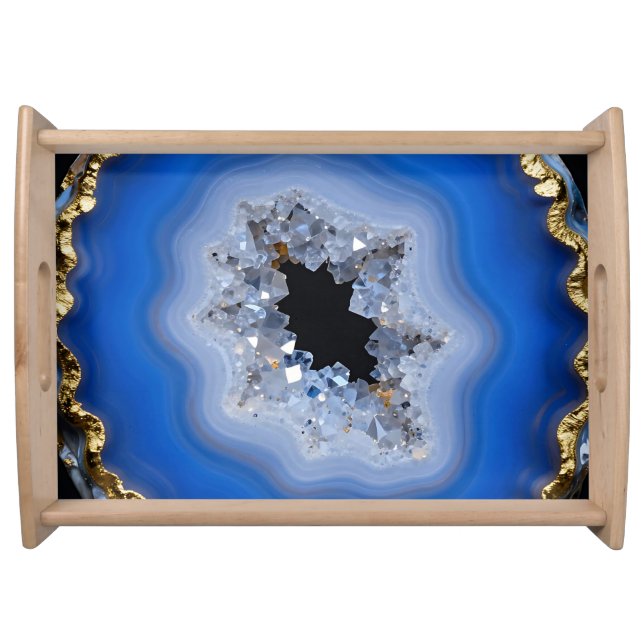 Blue Agate Geode Gold Edge Crystal Art Serving Tray (Front)