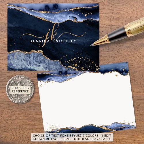 Blue Agate Geode Gold Glitter Monogram Script Name Note Card