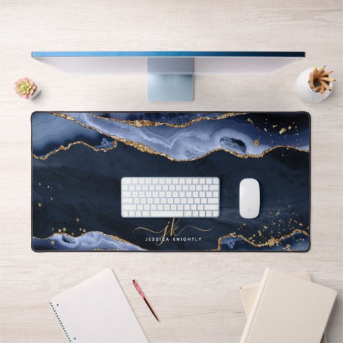 Blue Agate Geode Gold Glitter Script Monogram Desk Mat