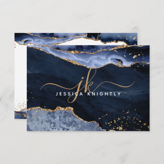 Blue Agate Geode Gold Glitter Script Monogram Name Note Card (Front/Back)