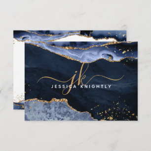 Blue Agate Geode Gold Glitter Script Monogram Name Note Card
