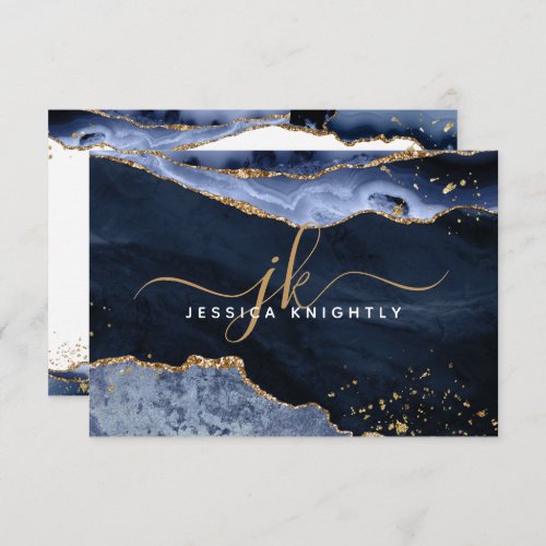 Blue Agate Geode Gold Glitter Script Monogram Name Note Card