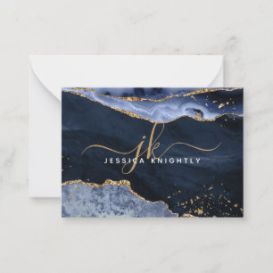 Blue Agate Geode Gold Glitter Script Monogram Note Card