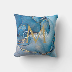 Blue Agate Geode Gold Monogram Modern Script Throw Pillow