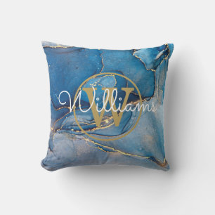 Blue Agate Geode Gold Monogram Name Throw Pillow
