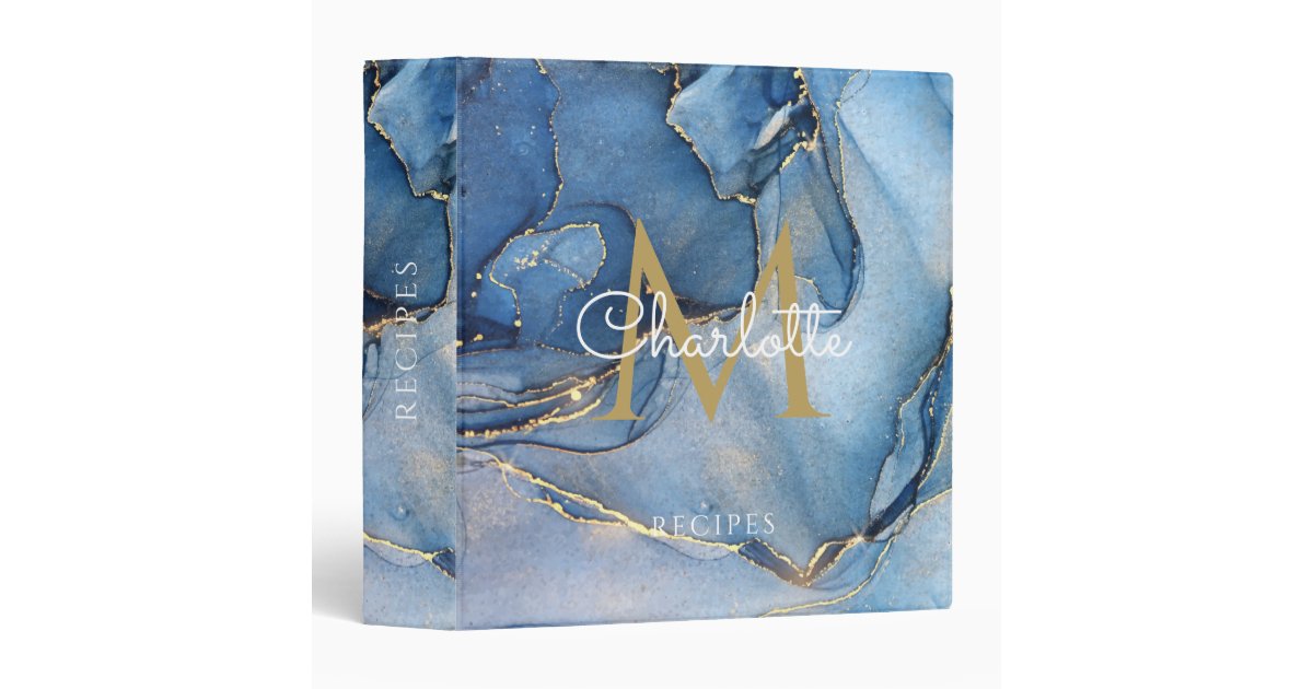 Blue Agate Geode Gold Monogram Recipe 3 Ring Binder | Zazzle