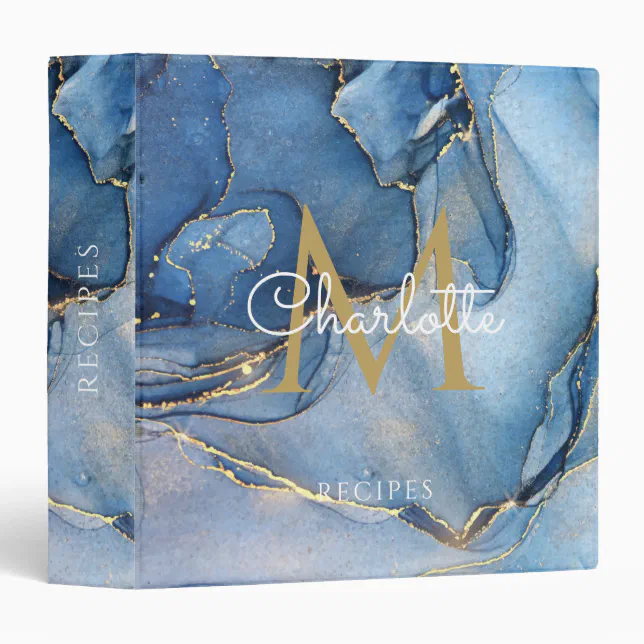 Blue Agate Geode Gold Monogram Recipe 3 Ring Binder | Zazzle