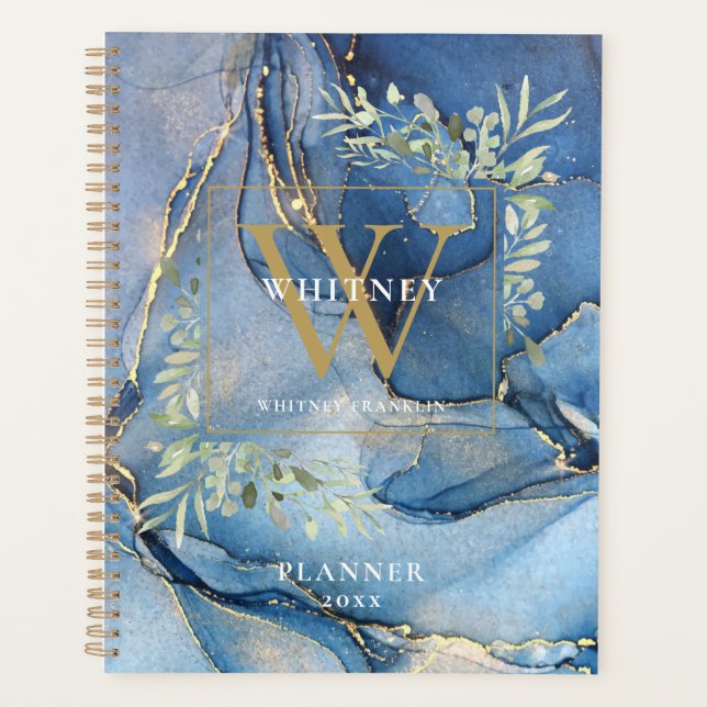 Blue Agate Geode Greenery Monogram Name 2023 Planner (Front)
