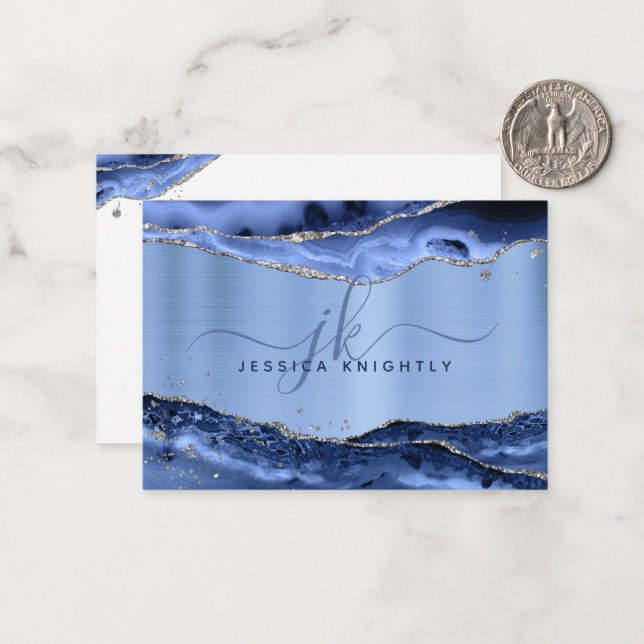 Blue Agate Geode Metallic Glitter Script Monogram Note Card (Front/Back In Situ)